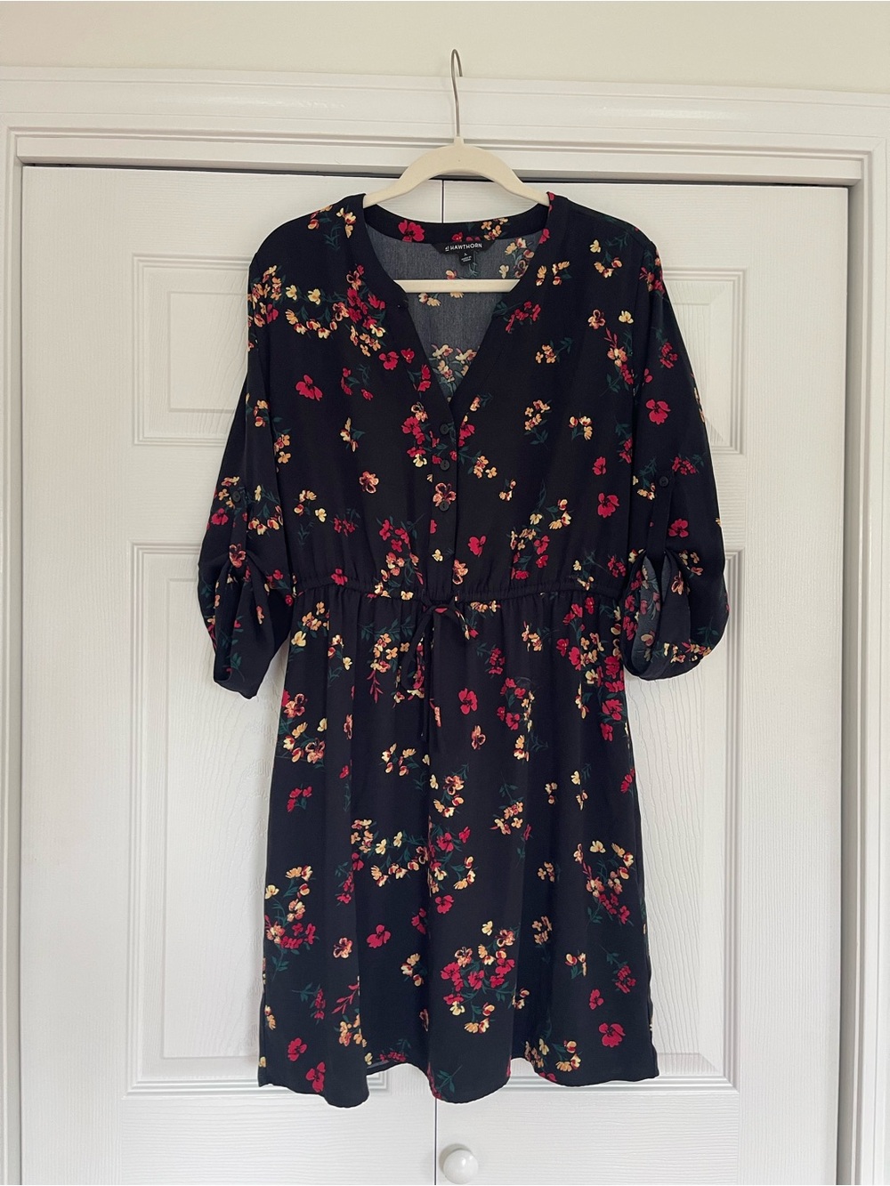 41 Hawthorn Black Midi Dress with Floral Print and Tie Waist